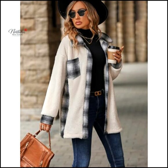 Women's Sherpa Fleece Shacket Oversized Lapel Button Down Coat with Pockets - Picture 4 of 5